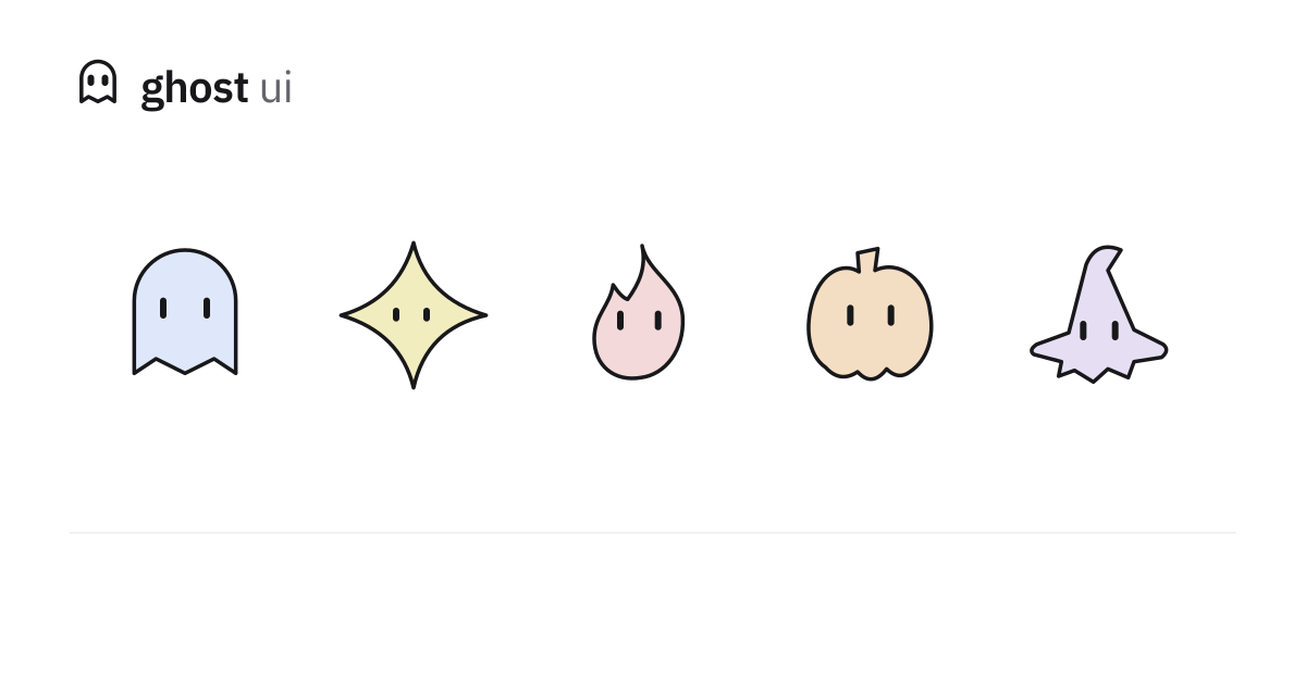 The Ghost UI logo above Gosh, Lumi, Ember, Jack and Hex, all at ease in pastel colors